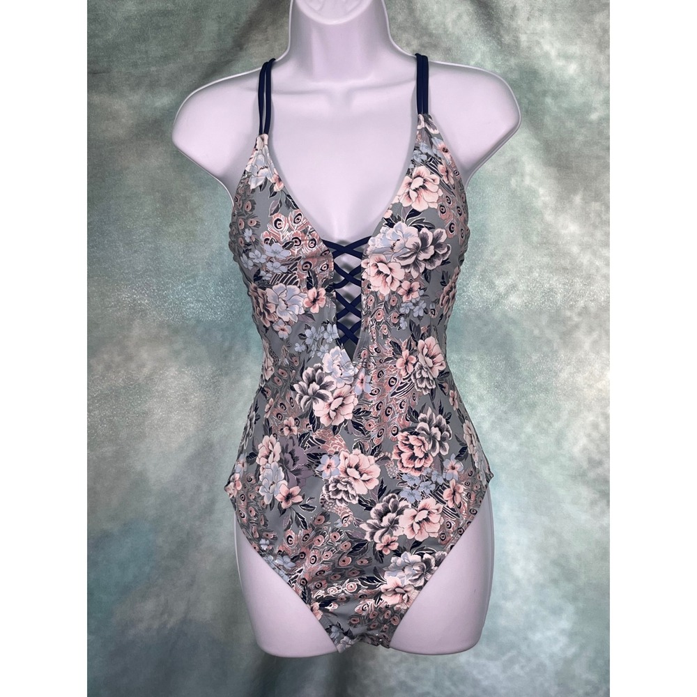 Ambrielle Floral Peacock Lace Up One Piece Swimsuit Blue Pink‎ XL NWT
